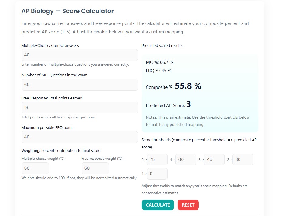 Predict Ap AP Biology Score Calculator | Predict Your AP Score